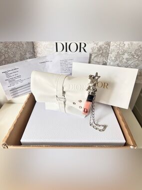 DIOR White Roll Top Cosmetic Pouch Bag Silver "CD" Buckle Strap Lip Addict Charm